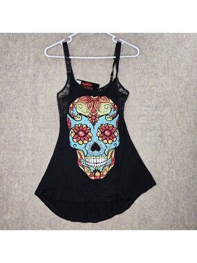 Jawbreaker Womens Tank Top Black Multicolor XS Cotton Blend Skull Lace Detail